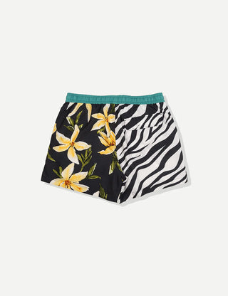Two pairs of shorts with floral and zebra pattern on a white background