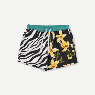 Shorts with zebra and floral patterns on a white background