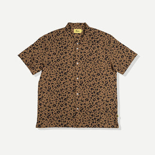 Duvin Leopard Stretch Buttonup in Leopard print with 93% Polyester and 7% Spandex, anti-wrinkle performance stretch fabric, classic camp collar, relaxed fit, and front chest pocket