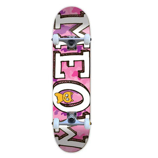 Meow Skateboards 7.5 inch complete skateboard with Meow logo on pink camo graphic, fully assembled and ready to ride