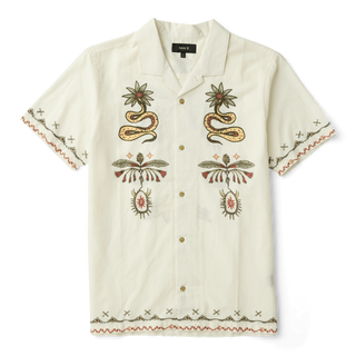 Roark Gonzo Short Sleeve Button Up Shirt in Unbleached, relaxed fit camp collar shirt in 55% organic cotton 45% Tencel blend