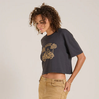 Roark Moto Skele Boxy Crop Tee in Faded Black with skeleton graphic.

