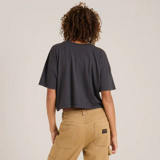 Roark Moto Skele Boxy Crop Tee in Faded Black with skeleton graphic.

