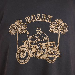 Roark Moto Skele Boxy Crop Tee in Faded Black with skeleton graphic.

