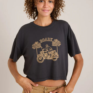 Roark Moto Skele Boxy Crop Tee in Faded Black with skeleton graphic.

