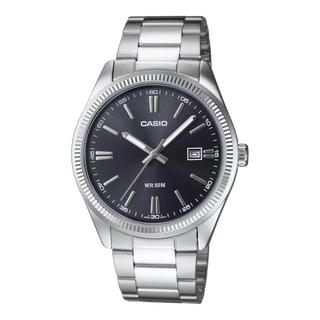 Casio Vintage MTP1302D-1A1VVT analog watch, silver stainless steel, black dial, luminous hands.