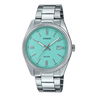 Casio Vintage MTP1302D-2AVVT watch, silver with turquoise blue dial, luminous hands, stainless steel.