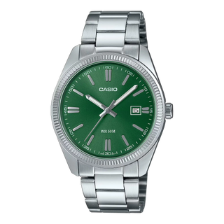Casio MTP-1302D-3AV Men's Watch with green dial, stainless steel case and band, luminous hands, date display, 50m water-resistant.