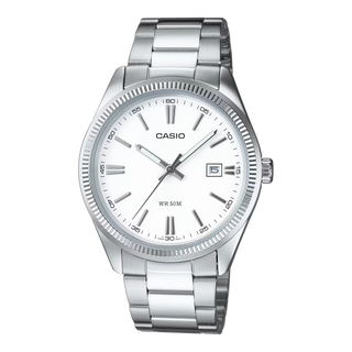 Casio MTP1302PD-7A1V watch — ion-plated case, stainless steel bracelet with triple-fold clasp, date display, 50m water resistance, mineral glass