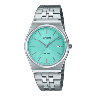 Casio Vintage MTPB145D21VT Watch in silver teal, minimalist design, stainless steel band, and date display.