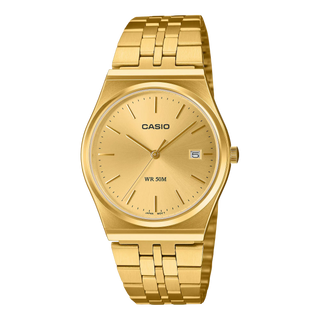 Casio Vintage MTPB145GC-9AV watch in gold - retro 1980s gold ion plated stainless steel watch with minimalist dial, date display, and 50m water resistance