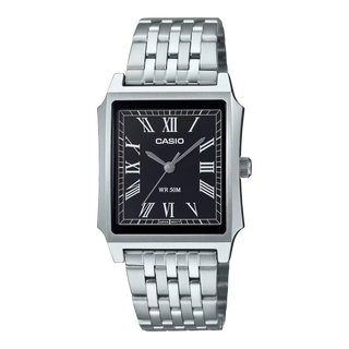 Casio Vintage MTPB190D-1BV watch with black dial, stainless steel case, and matching bracelet.