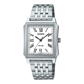 Casio Vintage MTPB190D-7BV watch with white dial, stainless steel case, and matching bracelet.