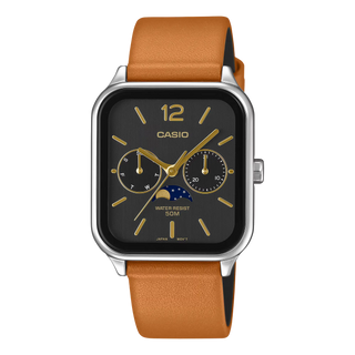 Casio Vintage MTPM305LC-1A men's watch in black - stainless steel watch with genuine leather band, moon phase display, and multiple inset dials