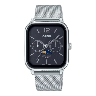 CASIO MTPM305MC-1AV analog watch with moon phase display, stainless steel mesh band, date and day dials, 50m water resistance, and classic design