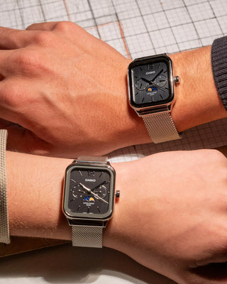 CASIO MTPM305MC-8AV analog watch with moon phase display, gold-tone stainless steel mesh band, date and day dials, 50m water resistance, and classic design