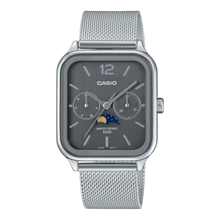 CASIO MTPM305MC-8AV analog watch with moon phase display, gold-tone stainless steel mesh band, date and day dials, 50m water resistance, and classic design