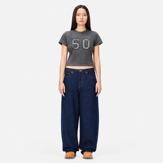 Dime Women’s Baggy Denim Pants in Indigo with curved front pockets and a relaxed baggy silhouette