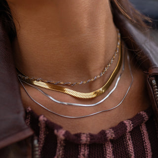 ALCO Lane necklace in 18K gold-plated stainless steel with 2mm width, lobster clasp, and 18 inch chain.