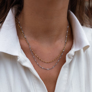 ALCO Lane necklace in 18K gold-plated stainless steel with 2mm width, lobster clasp, and 18 inch chain.