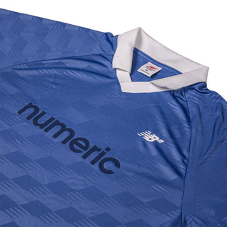 New Balance Numeric Team Jersey in Blue/White, relaxed roomy fit with fast-drying moisture-wicking polyester fabric and New Balance Numeric team branding