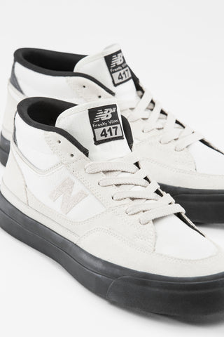 New Balance Numeric Franky Villani 417 skate shoe in sea salt and black, suede canvas upper, mid cut, vulcanized sole.