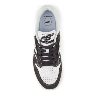 New Balance Numeric 480 in Black Cement/White with suede mesh upper, FuelCell foam, and reinforced toe cap.