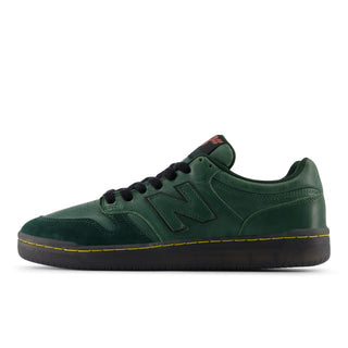 Green New Balance Numeric 480 skate shoe with suede, leather, and mesh upper.