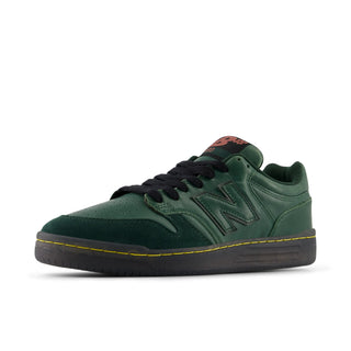 Green New Balance Numeric 480 skate shoe with suede, leather, and mesh upper.