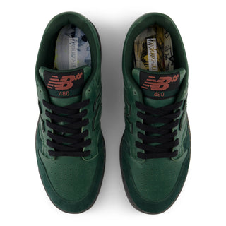 Green New Balance Numeric 480 skate shoe with suede, leather, and mesh upper.