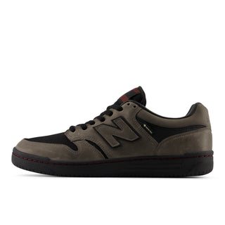 Side view of the New Balance Numeric 480 Gore-Tex shoe with grey panels, black laces, black outsole, and an N logo
