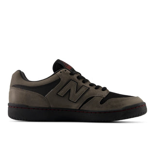 Side view of the New Balance Numeric 480 Gore-Tex shoe with grey panels, black laces, black outsole, and an N logo