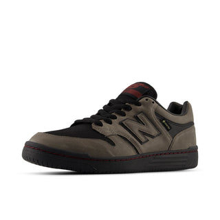 Side view of the New Balance Numeric 480 Gore-Tex shoe with grey panels, black laces, black outsole, and an N logo