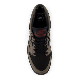 Side view of the New Balance Numeric 480 Gore-Tex shoe with grey panels, black laces, black outsole, and an N logo