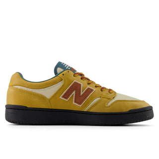 New Balance Numeric 480 Trail in Tan/Burgundy, skate-ready with FuelCell foam, reinforced toe, basketball-inspired design.