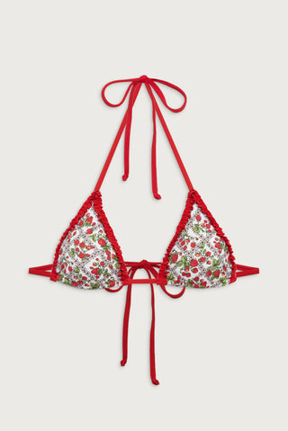 Explore the Nick Triangle Halter Bikini Top by Frankies Bikinis in Berry In Love. Featuring a strawberry print, ruffle trim, and adjustable ties for the perfect fit. Ideal for your summer wardrobe.