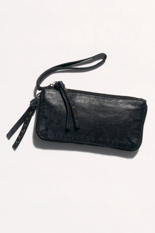 Free People Distressed Wallet in Black, slim leather, exposed zipper, studded details, inner card slots.