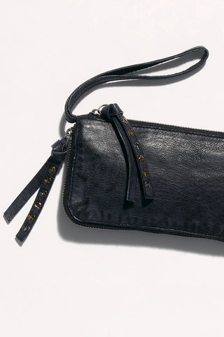 Free People Distressed Wallet in Black, slim leather, exposed zipper, studded details, inner card slots.
