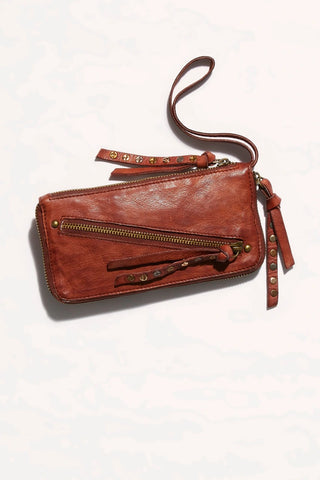 Free People Cognac Distressed Wallet, slim leather design, exposed zipper, studded, inner card slots and pockets.
