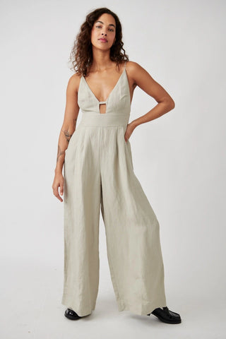 Free People Emma One Piece in Alfalfa - woven jumpsuit in a linen-viscose blend.