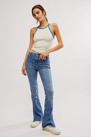 Free People slit bootcut jeans, slim fit, stretch denim, sunburst blue, from We The Free collection.