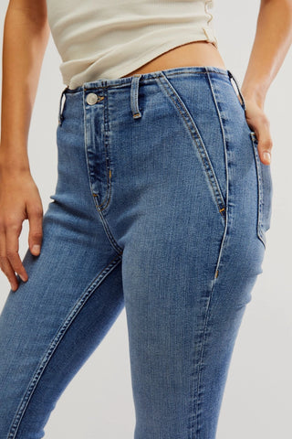 Free People slit bootcut jeans, slim fit, stretch denim, sunburst blue, from We The Free collection.
