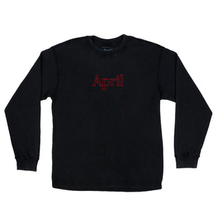 “Black April thermal long-sleeve shirt with red embroidered April lettering centered on the chest and ribbed cuffs.”