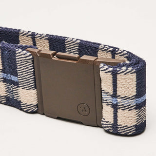 Arcade Belts Inc Plaid Stretch Belt in Navy Oat, with contoured buckle and sustainable REPREVE®️ material.