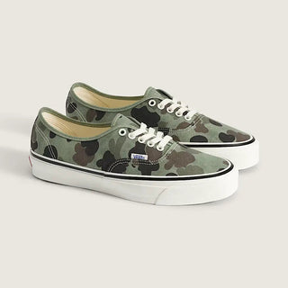 Vans LX Authentic shoes in Duck Camo Green with lightweight canvas upper, higher sidewall with gloss finish, Sola Foam ADC insole, signature waffle outsole, and vulcanized build
