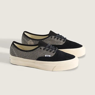 Vans LX Authentic 44 in Herringbone Black/Tan — herringbone-textured suede and canvas upper, vulcanized build, Sola Foam ADC insole, waffle outsole