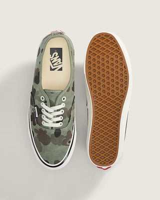 Vans LX Authentic shoes in Duck Camo Green with lightweight canvas upper, higher sidewall with gloss finish, Sola Foam ADC insole, signature waffle outsole, and vulcanized build