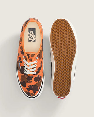 Vans LX Authentic shoes in Duck Camo Orange with lightweight canvas upper, higher sidewall with gloss finish, Sola Foam ADC insole, signature waffle outsole, and vulcanized build