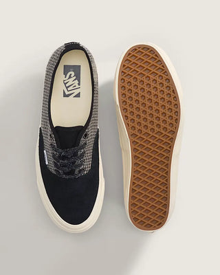 Vans LX Authentic 44 in Herringbone Black/Tan — herringbone-textured suede and canvas upper, vulcanized build, Sola Foam ADC insole, waffle outsole
