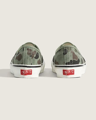 Vans LX Authentic shoes in Duck Camo Green with lightweight canvas upper, higher sidewall with gloss finish, Sola Foam ADC insole, signature waffle outsole, and vulcanized build